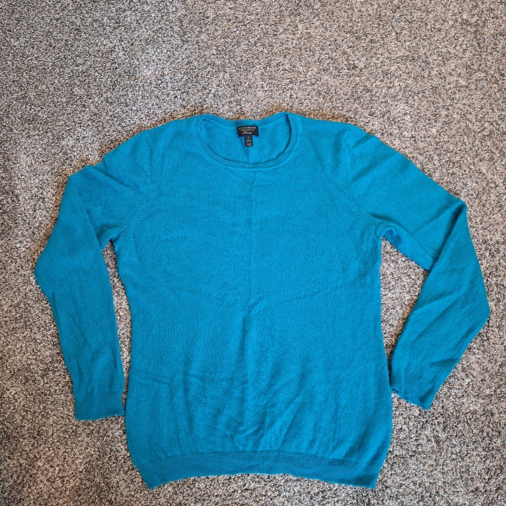 Cashmere Blue Crewneck Sweater Classic Knit Size Large Women's
